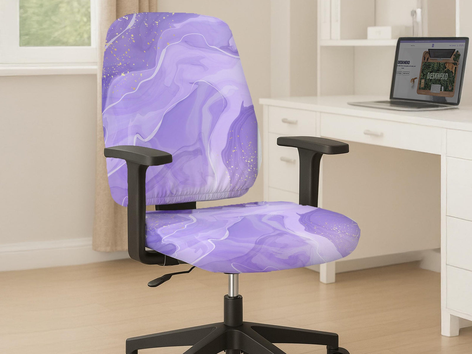 Office chair cover with a purple fluid marble pattern and soft gold accents on a white background.
