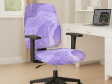 Office chair cover with a purple fluid marble pattern and soft gold accents on a white background.