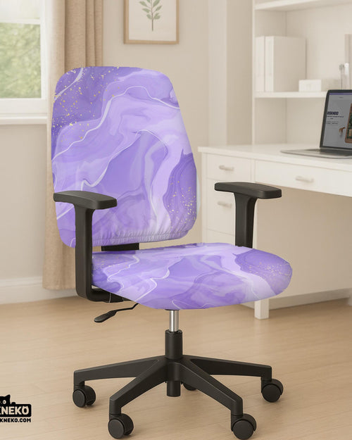 Office chair cover with a purple fluid marble pattern and soft gold accents on a white background.
