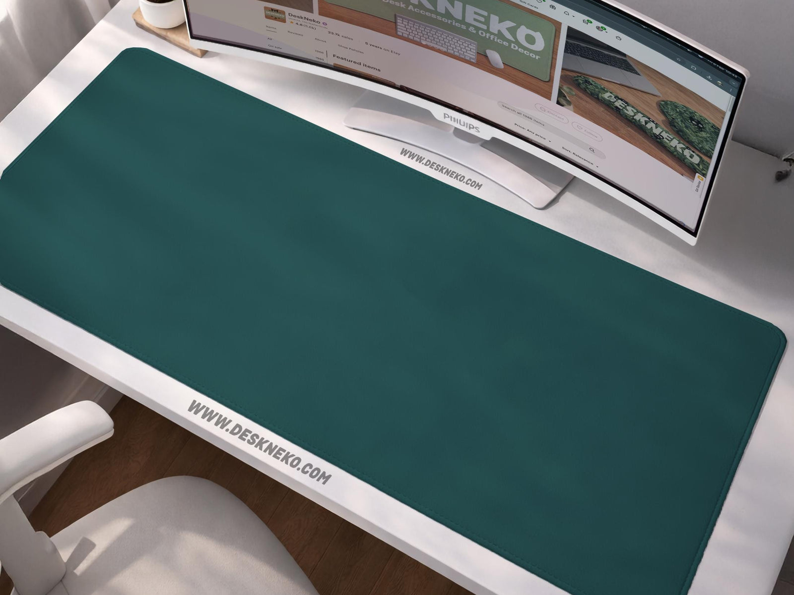 Muted teal solid color desk mat shown as a plain rectangular workspace pad.