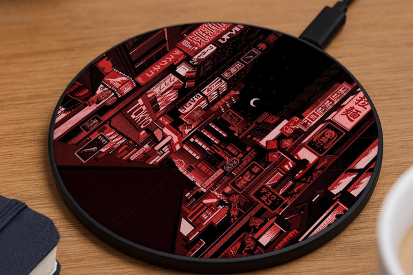 A round wireless charging pad with a red Tokyo neon street scene at night, glowing signage, pixel-style city details, a crescent moon, and a black and crimson color palette.