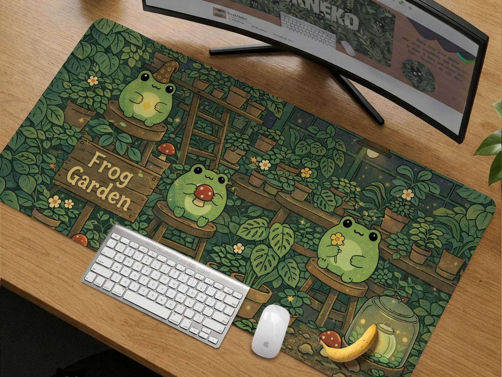 Green desk mat with a garden-inspired design in a cute cottagecore style.