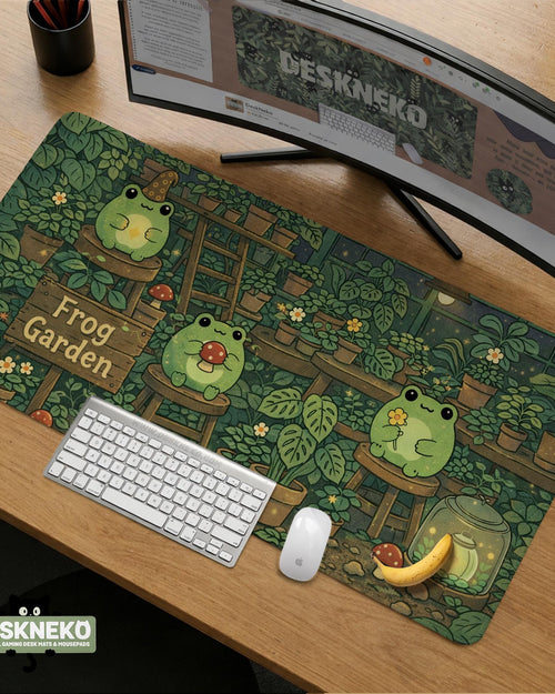 Green desk mat with a garden-inspired design in a cute cottagecore style.