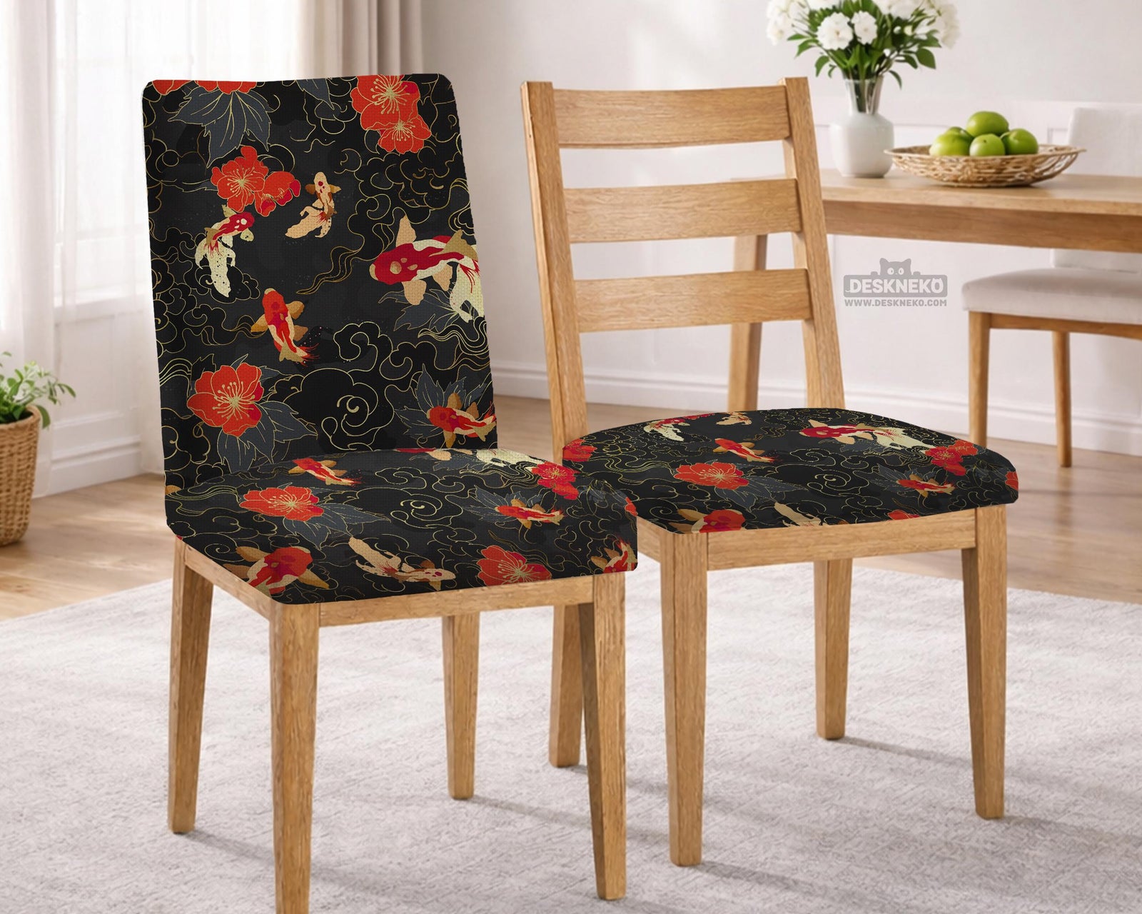 Chair cover with red and ivory koi fish and gold cloud patterns on a black background.