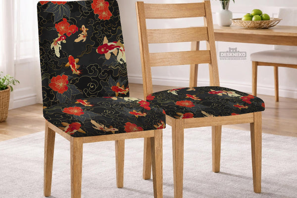 Chair cover with red and ivory koi fish and gold cloud patterns on a black background.