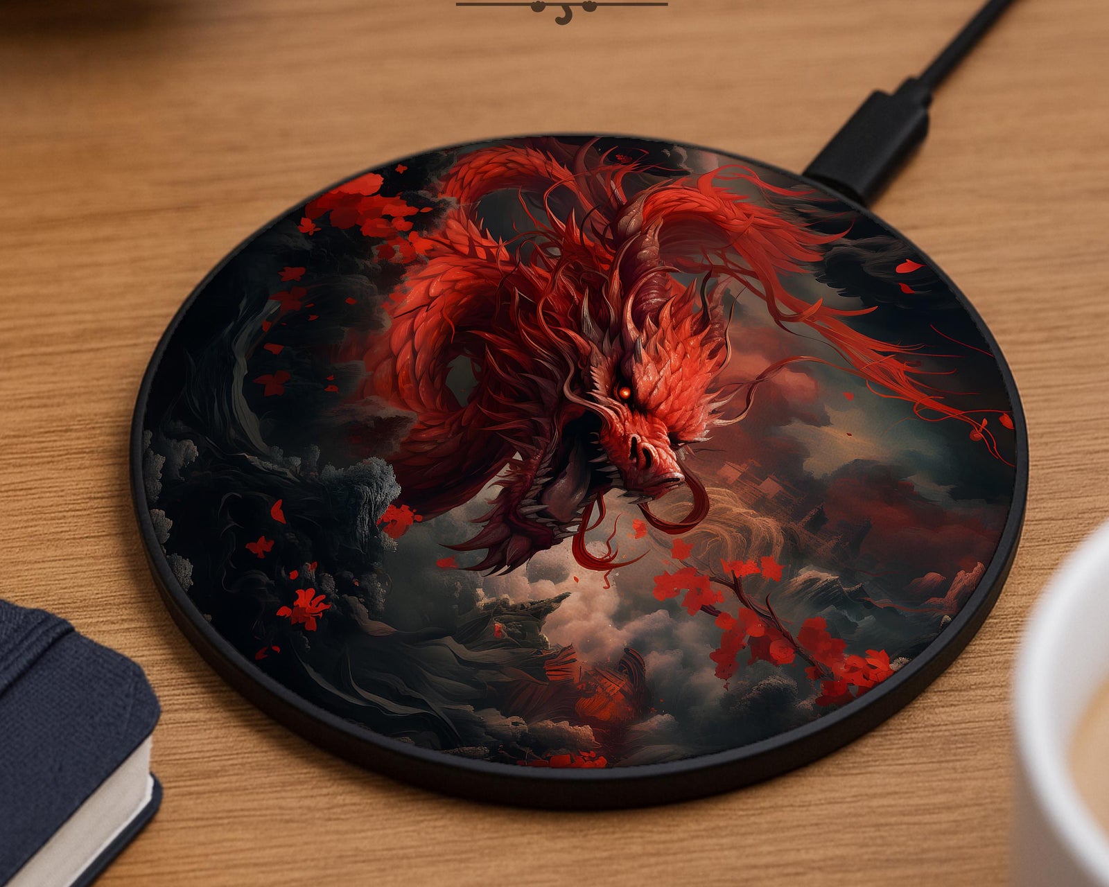Wireless charging pad with a red dragon emerging through storm clouds and falling crimson petals on a dark background.