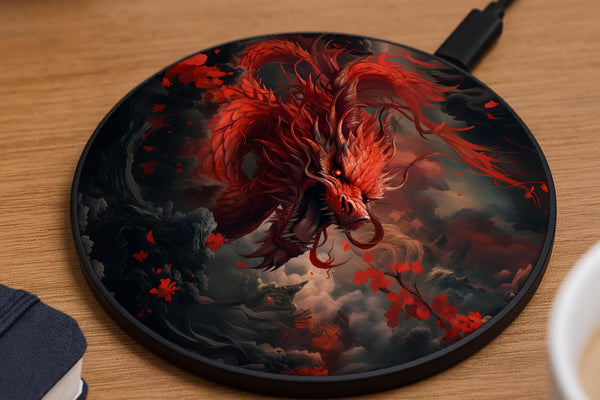 Wireless charging pad with a red dragon emerging through storm clouds and falling crimson petals on a dark background.