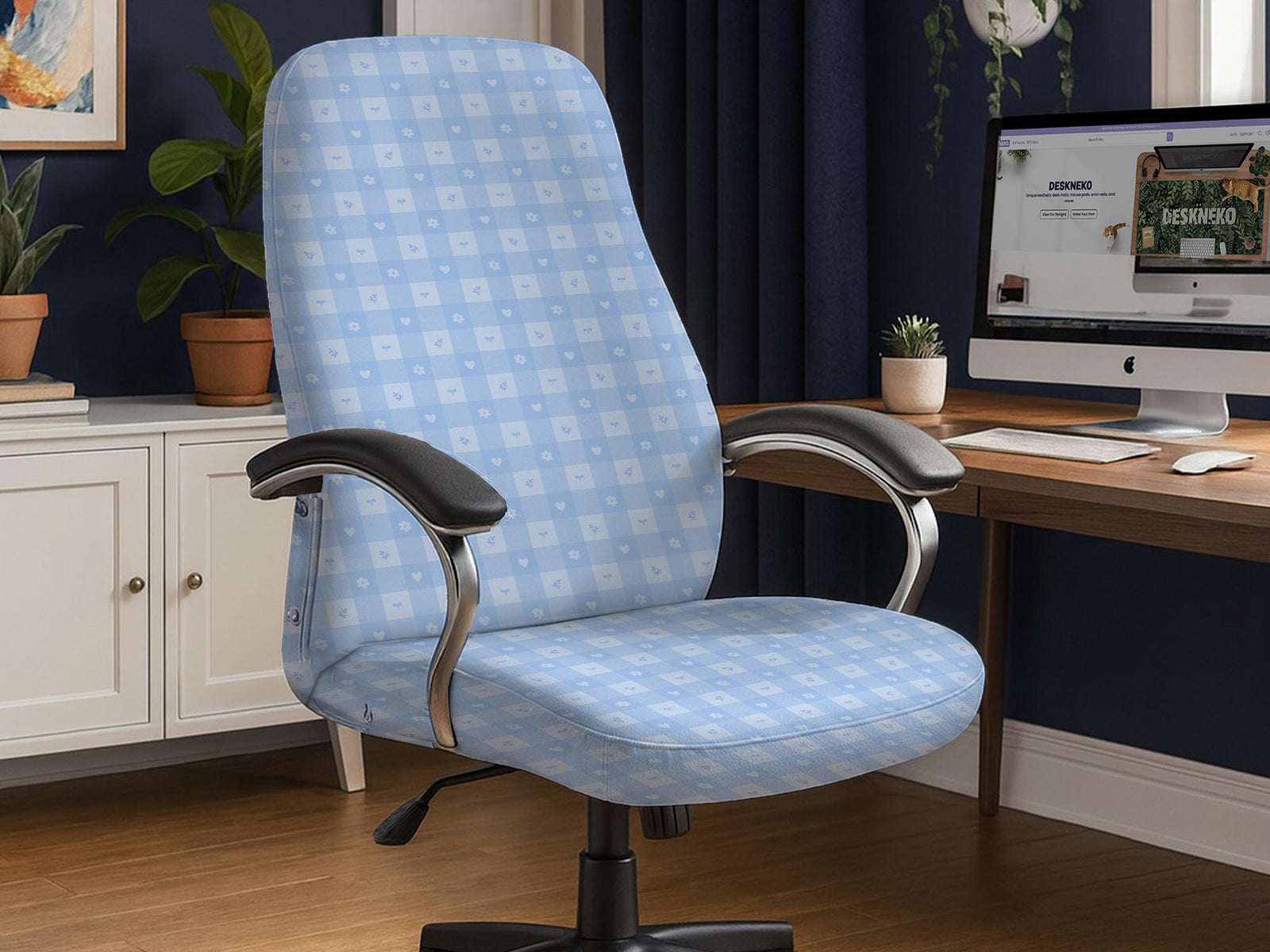 Office chair cover in a pastel blue checkered pattern shown on a chair in a home office setup.