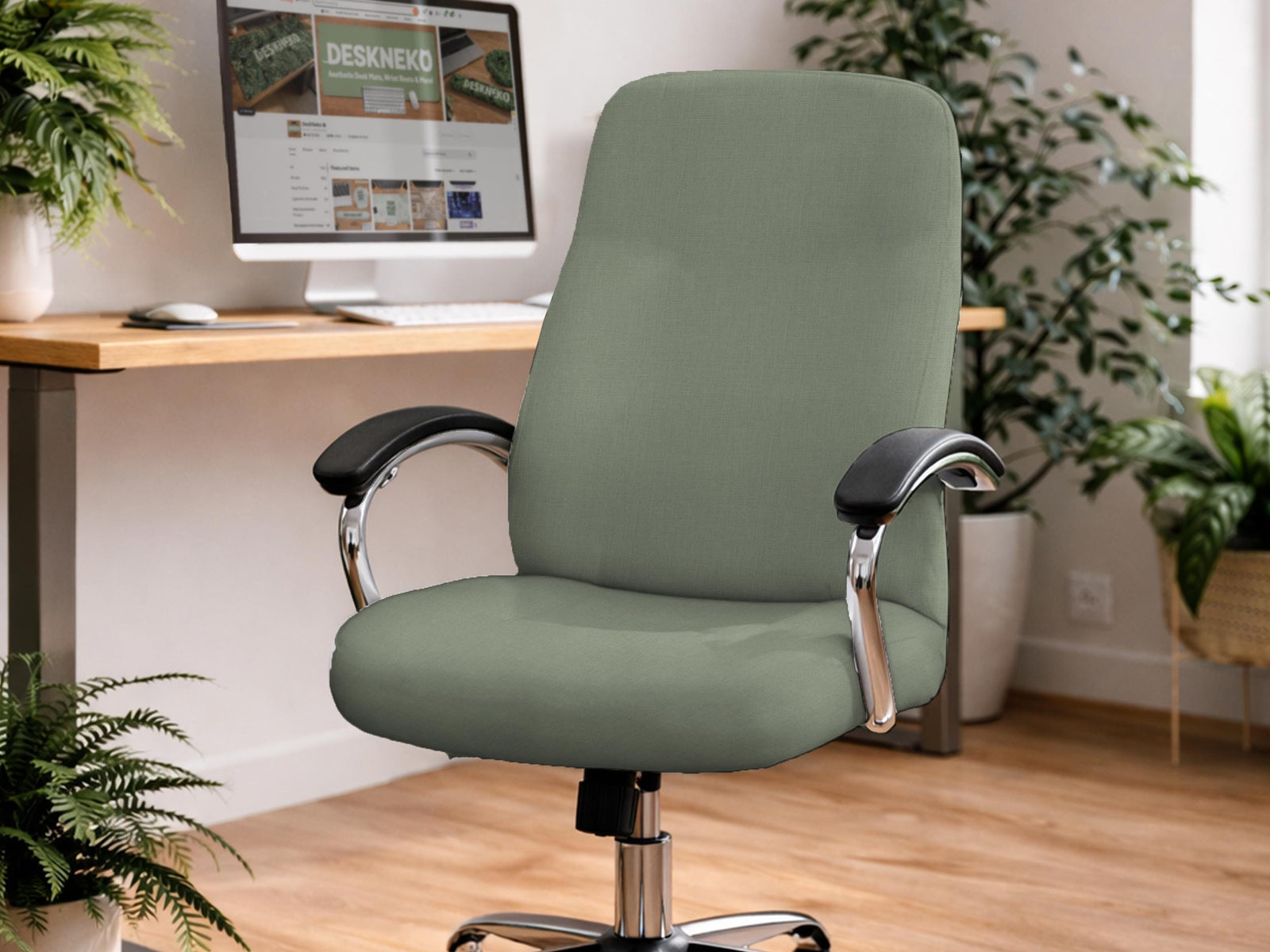 Sage green chair cover on an office chair in a modern desk setup with a simple, muted look.