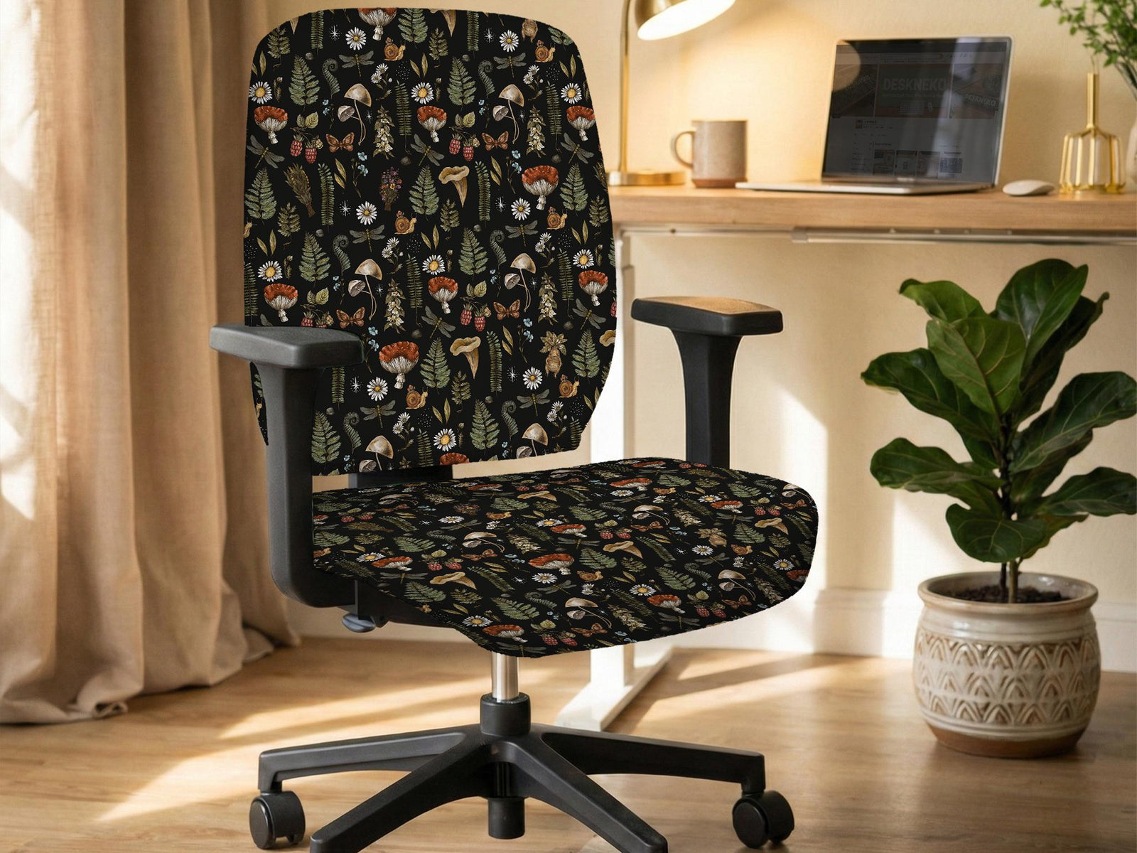 Office chair cover with a dark background, vintage botanical print, mushrooms, and forest textures.