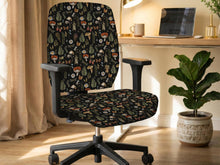 Office chair cover with a dark background, vintage botanical print, mushrooms, and forest textures.