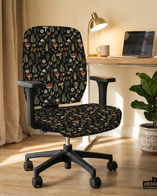 Office chair cover with a dark background, vintage botanical print, mushrooms, and forest textures.