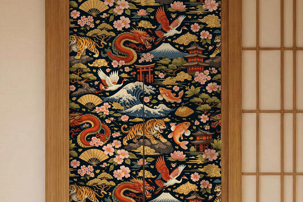 Dark patterned Japanese noren curtain with tiger, crane, and dragon motifs in a rich design, shown as a doorway curtain with a split opening.