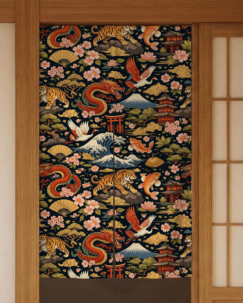 Dark patterned Japanese noren curtain with tiger, crane, and dragon motifs in a rich design, shown as a doorway curtain with a split opening.
