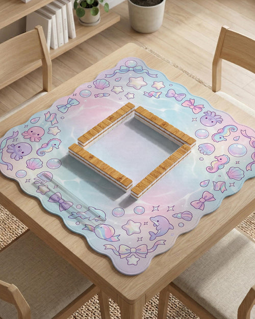 Mahjong mat with a light blue, pink, and lavender border showing shells, bows, bubbles, dolphins, and seahorses around an open center.
