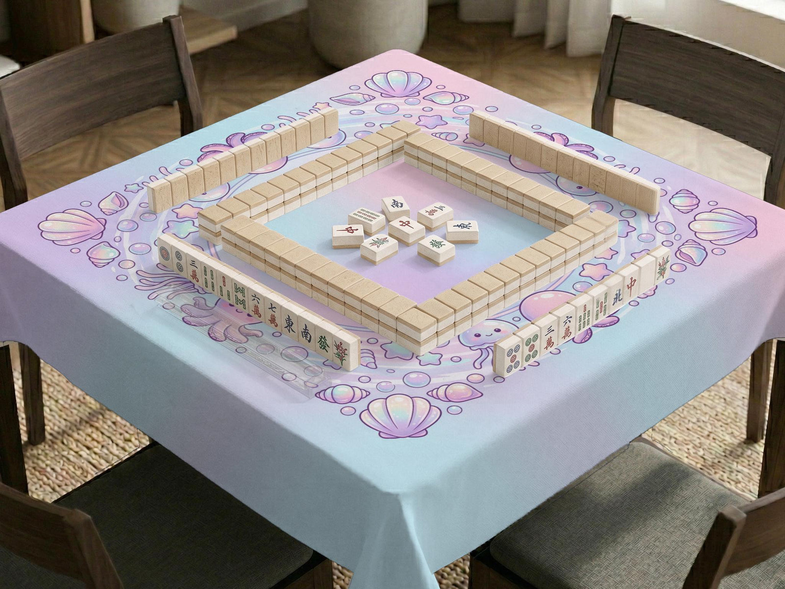 Pastel ocean-themed mahjong mat with jellyfish, bubbles, and shell details on a soft blue background.