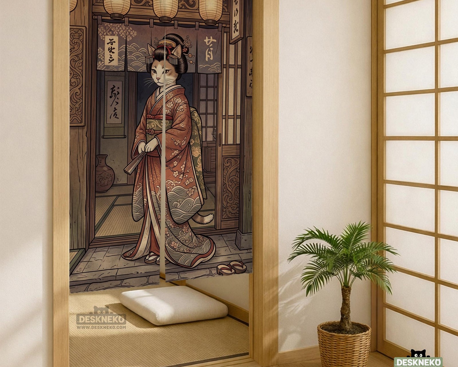 A Japanese-style door curtain design with a kimono cat standing in front of a vintage ramen shop scene, warm lantern light, and carved wood details.