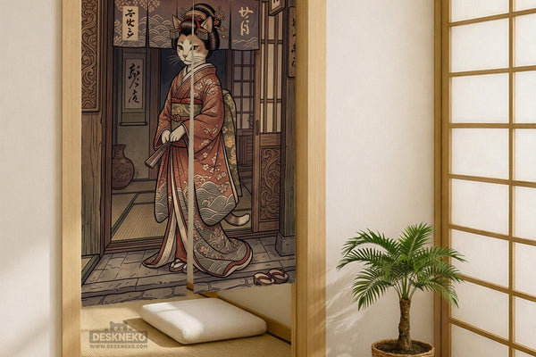 A Japanese-style door curtain design with a kimono cat standing in front of a vintage ramen shop scene, warm lantern light, and carved wood details.