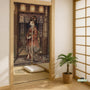 A Japanese-style door curtain design with a kimono cat standing in front of a vintage ramen shop scene, warm lantern light, and carved wood details.