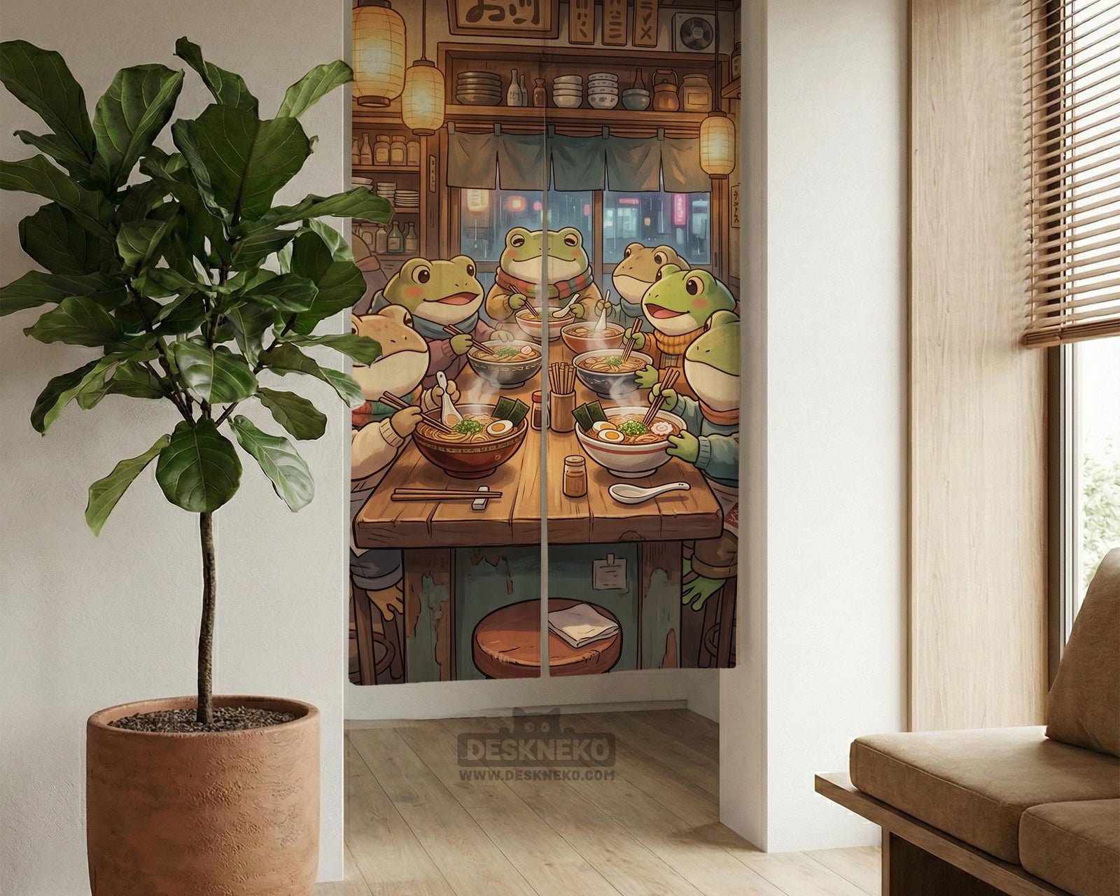 A Japanese-style curtain and wall decor design showing cheerful frogs sitting around steaming bowls inside a warm ramen shop scene with lantern light and wood interior.