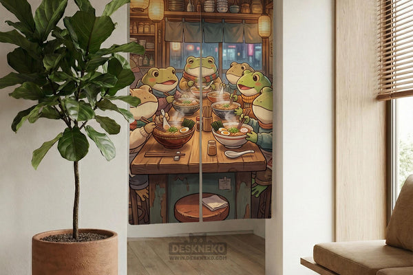 A Japanese-style curtain and wall decor design showing cheerful frogs sitting around steaming bowls inside a warm ramen shop scene with lantern light and wood interior.