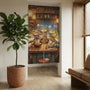 A Japanese-style curtain and wall decor design showing cheerful frogs sitting around steaming bowls inside a warm ramen shop scene with lantern light and wood interior.