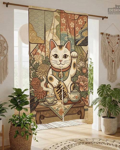 Door curtain with a lucky cat, blooming flowers, layered decorative patterns, and a vintage Japanese style.