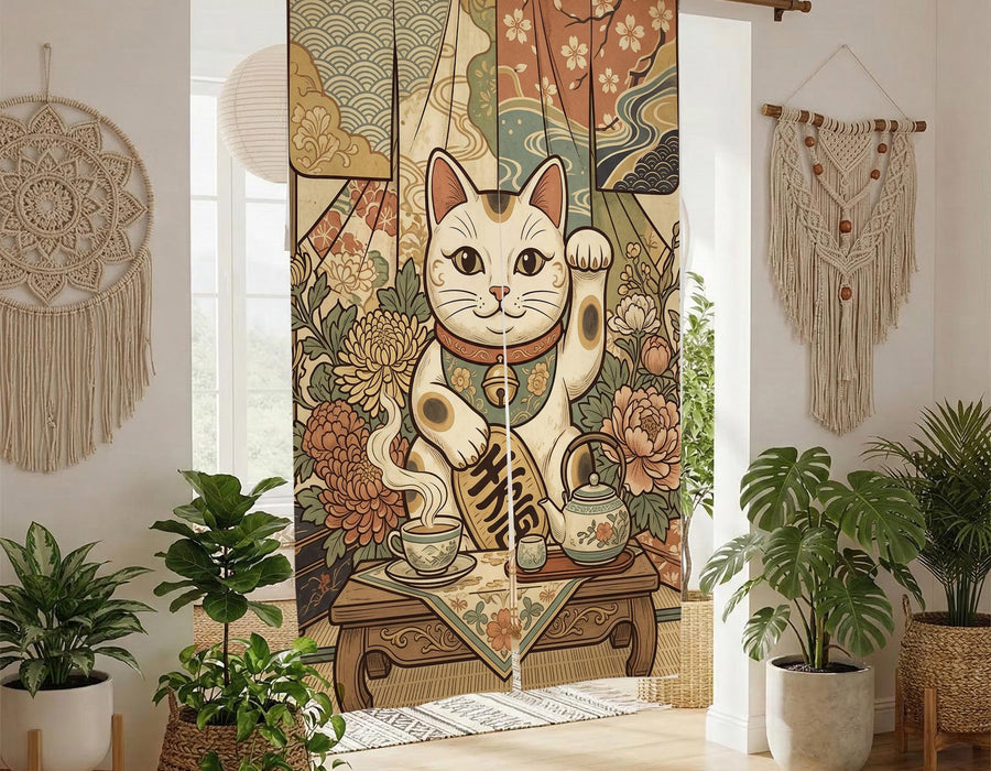 Door curtain with a lucky cat, blooming flowers, layered decorative patterns, and a vintage Japanese style.