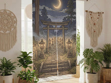 Door curtain showing a crescent moon above a torii gate and a path lined with trees in a dark night scene.