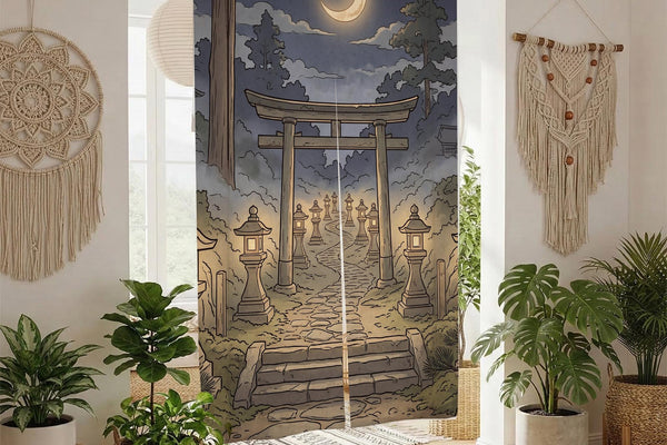 Door curtain showing a crescent moon above a torii gate and a path lined with trees in a dark night scene.