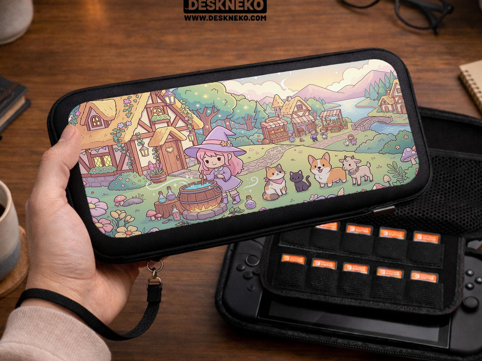 A pastel pink Switch case with a witch, small cottages, and animal characters in a fantasy village scene.