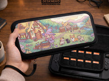 A pastel pink Switch case with a witch, small cottages, and animal characters in a fantasy village scene.
