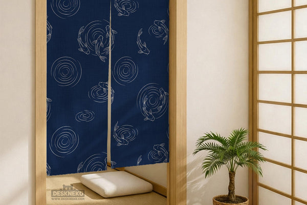 Navy blue noren door curtain with a koi fish pattern and flowing ripple line art on a light background.