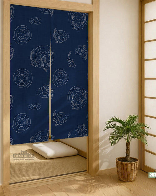 Navy blue noren door curtain with a koi fish pattern and flowing ripple line art on a light background.