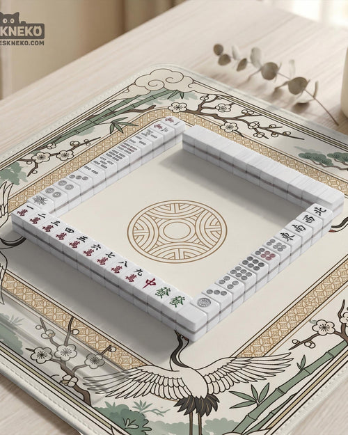 Square mahjong table mat with a cream center and a border design of cranes, bamboo, plum blossoms, and a geometric frame in sage green and warm gold.
