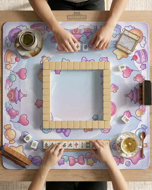 Square pastel mahjong table mat with bows, stars, moons, sweets, and small kawaii-style details.