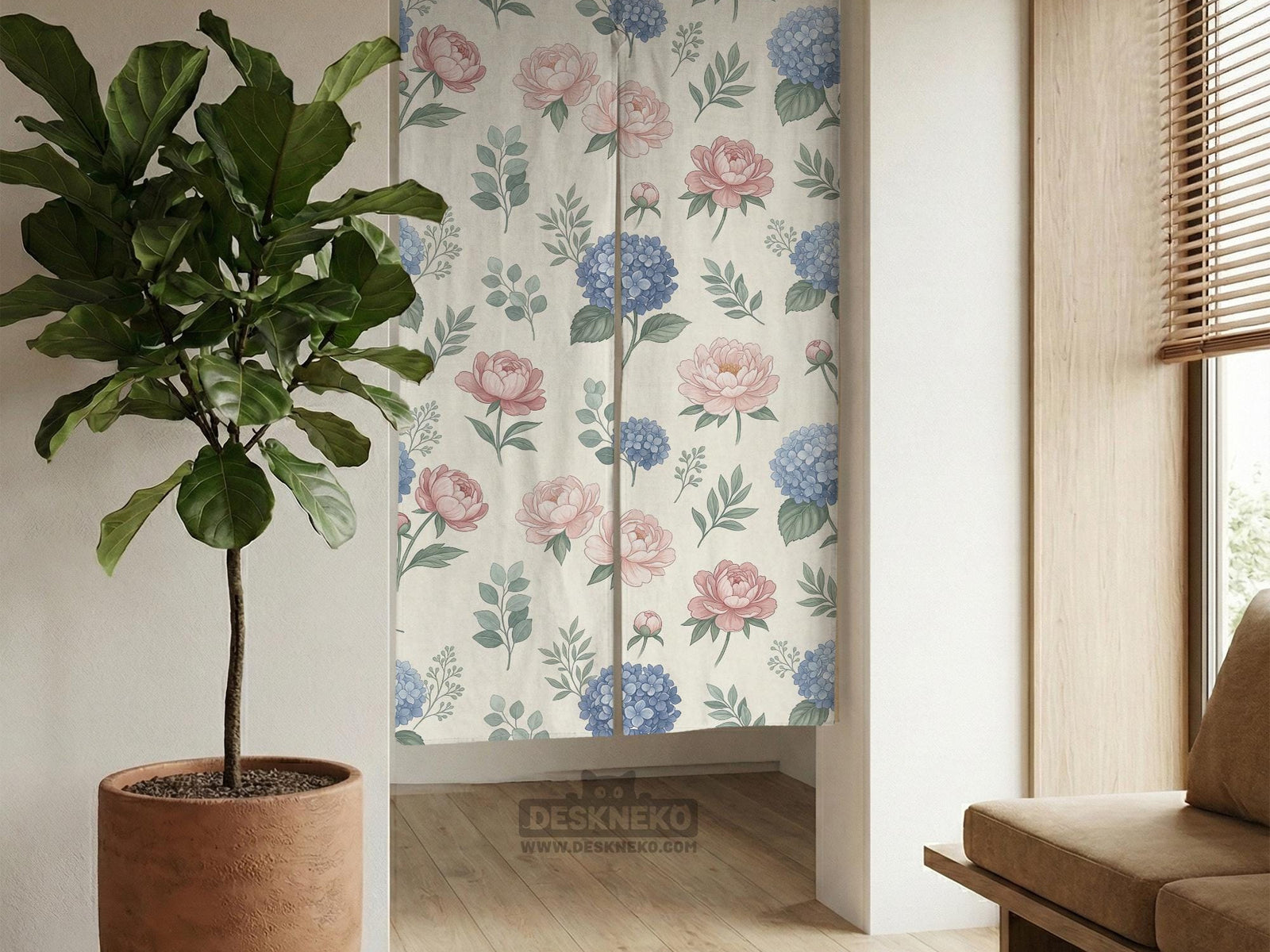 Floral split-panel door curtain with pink peony and blue hydrangea print on a pastel background.