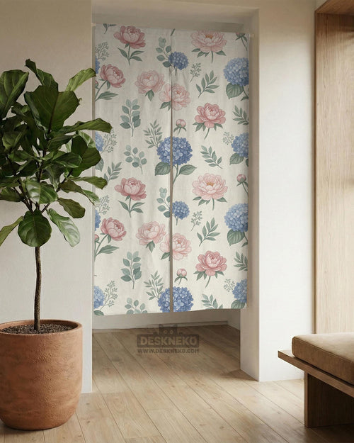 Floral split-panel door curtain with pink peony and blue hydrangea print on a pastel background.