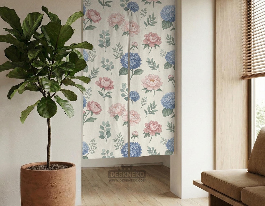 Floral split-panel door curtain with pink peony and blue hydrangea print on a pastel background.