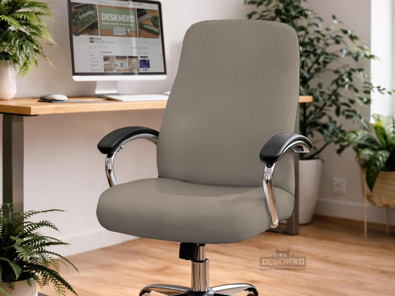 Beige desk chair cover options shown as full chair cover, back-and-seat cover, seat-only cover, and armrest covers for office chairs.