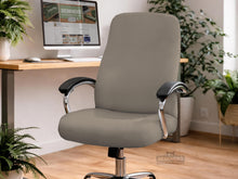 Beige desk chair cover options shown as full chair cover, back-and-seat cover, seat-only cover, and armrest covers for office chairs.