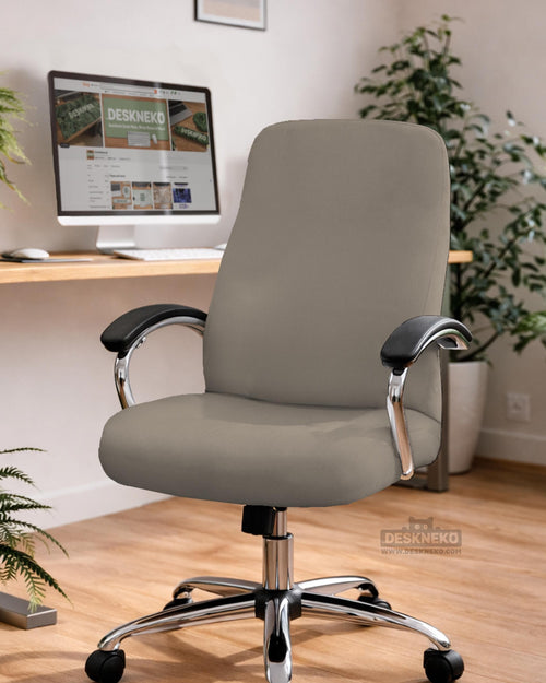 Beige desk chair cover options shown as full chair cover, back-and-seat cover, seat-only cover, and armrest covers for office chairs.