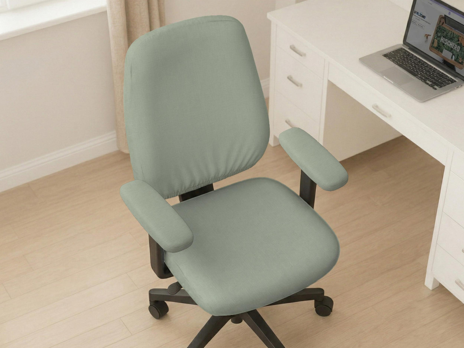 Solid sage green office chair cover options shown for full chair, back and seat, seat-only, and armrest-only use.