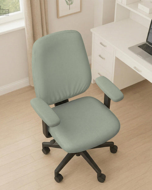 Solid sage green office chair cover options shown for full chair, back and seat, seat-only, and armrest-only use.