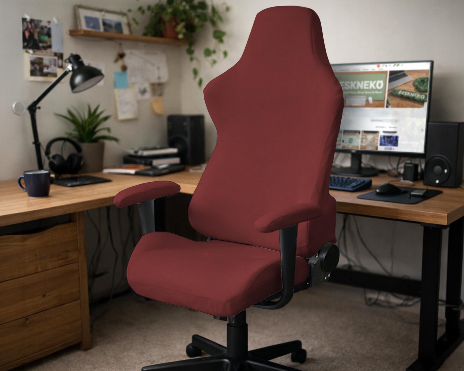 A burgundy chair cover option shown for high-back gaming and office chairs, with full cover, back-and-seat, seat-only, and armrest-only versions.