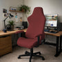 A burgundy chair cover option shown for high-back gaming and office chairs, with full cover, back-and-seat, seat-only, and armrest-only versions.