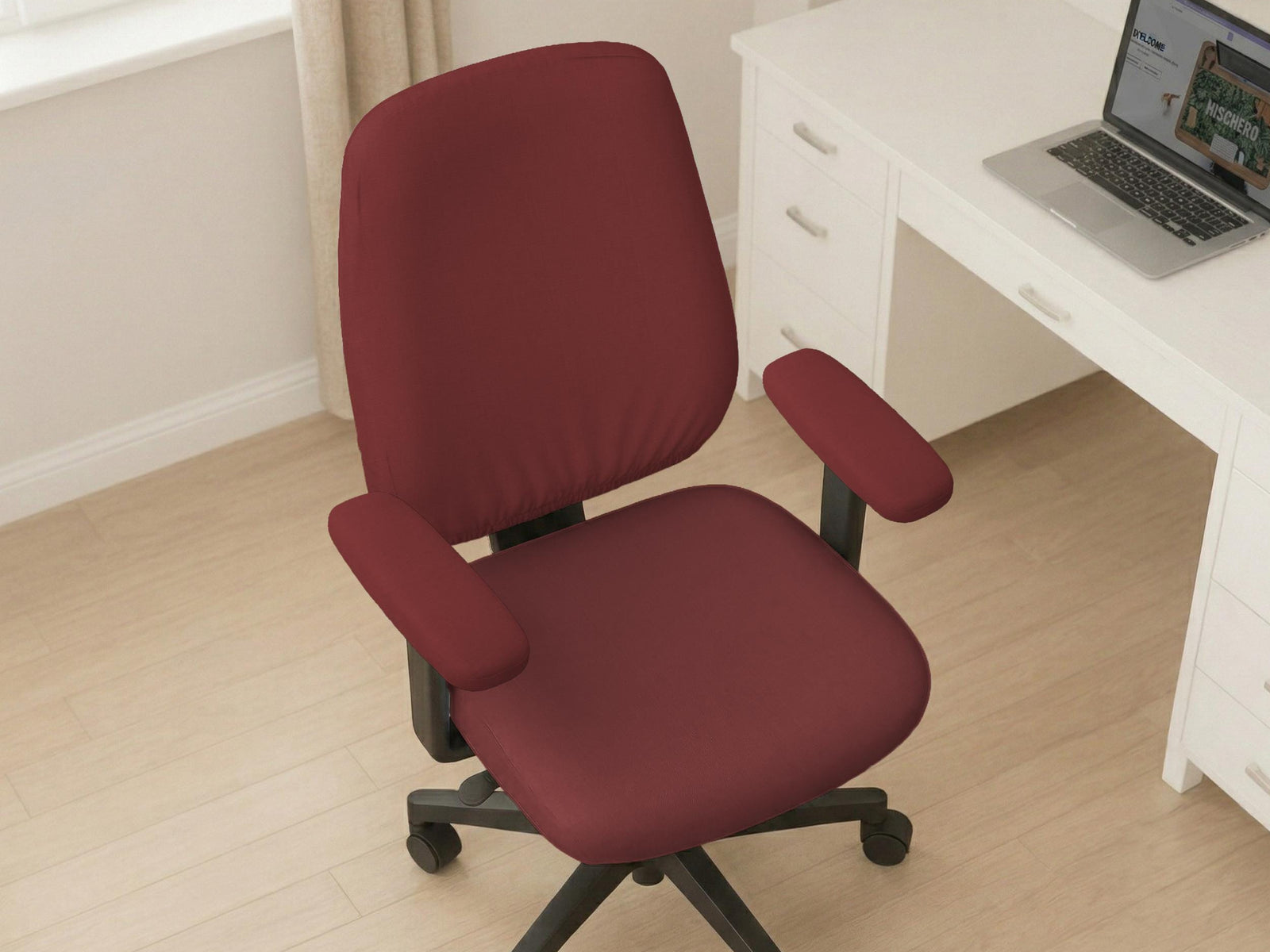 Burgundy stretch chair cover shown on an office chair, with options for full chair cover, back and seat cover, seat-only cover, and armrest-only cover.