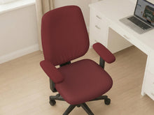 Burgundy stretch chair cover shown on an office chair, with options for full chair cover, back and seat cover, seat-only cover, and armrest-only cover.