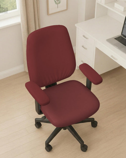 Burgundy stretch chair cover shown on an office chair, with options for full chair cover, back and seat cover, seat-only cover, and armrest-only cover.