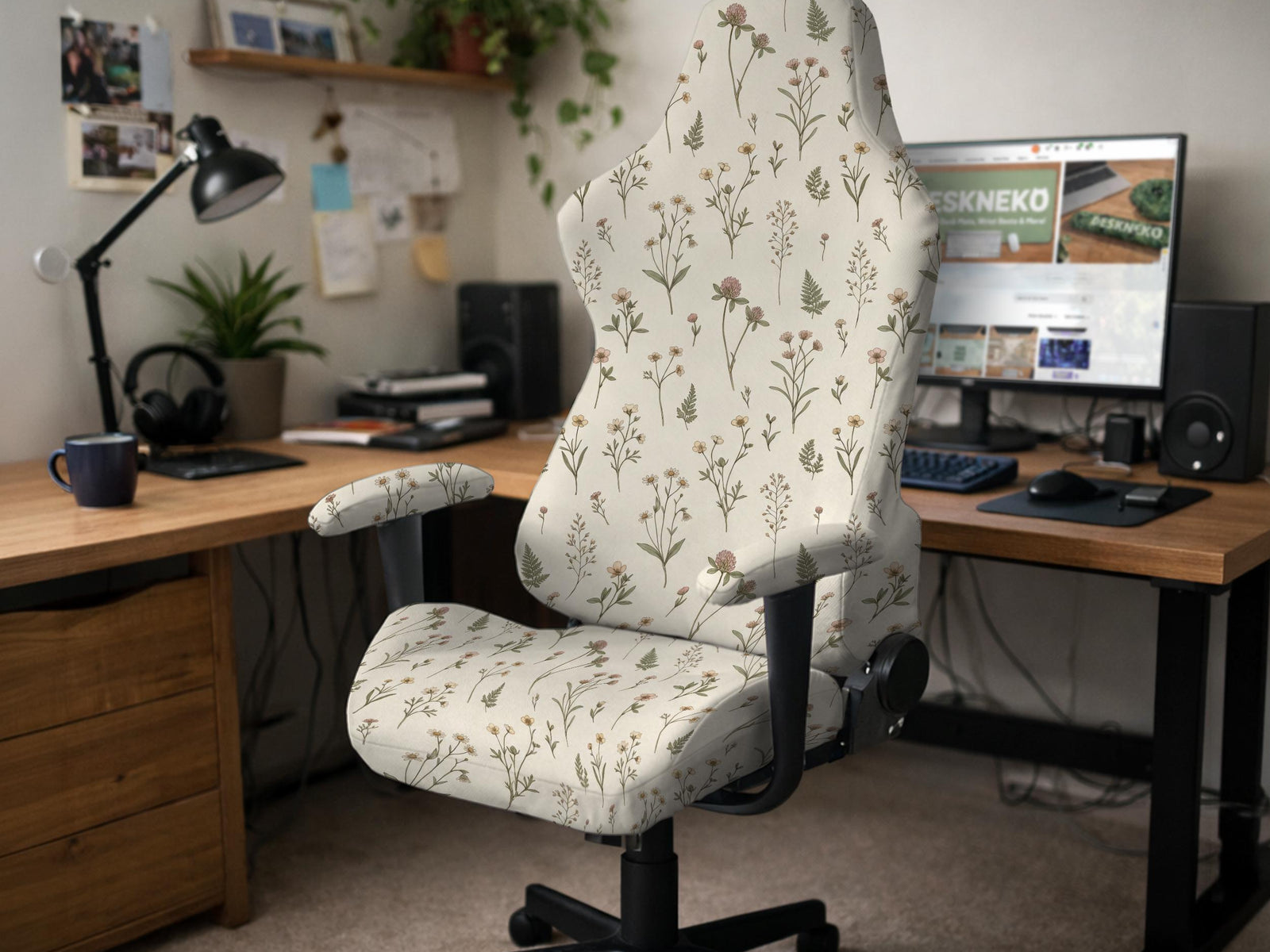 Cream chair cover with a floral botanical print shown as multiple cover options for gaming chairs and office chairs.